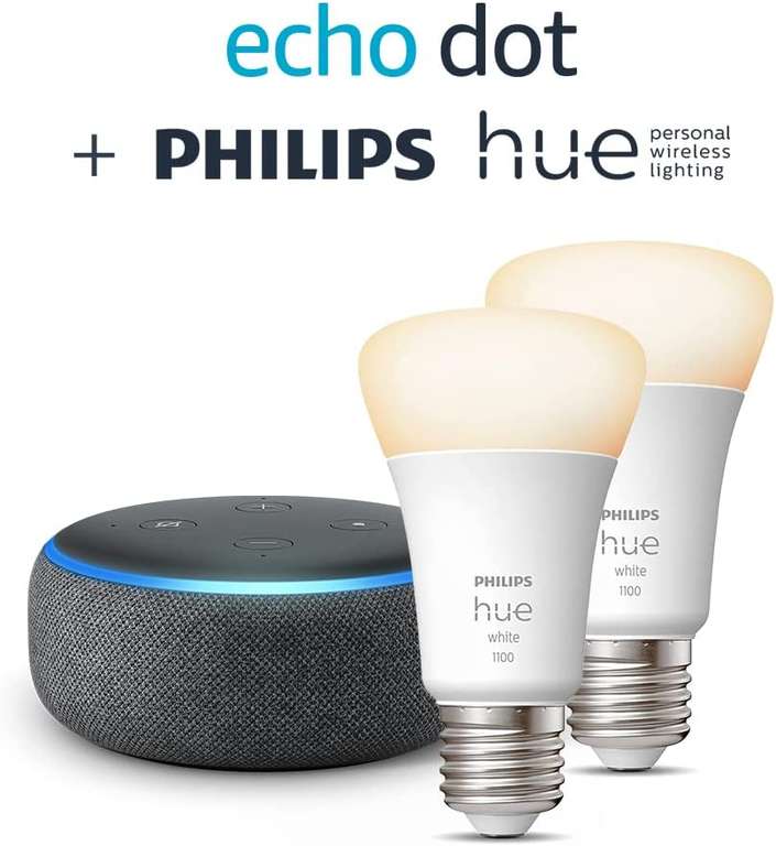 [Prime] Assistant Echo Dot (3ème génération), Tissu anthracite + 2 Ampoules connectées (E27) Philips Hue White