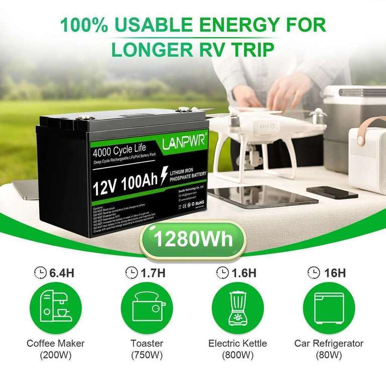 Batterie LANPWR LiFePO4 - 12V / 100Ah, 1280 Wh (Entrepôt EU)