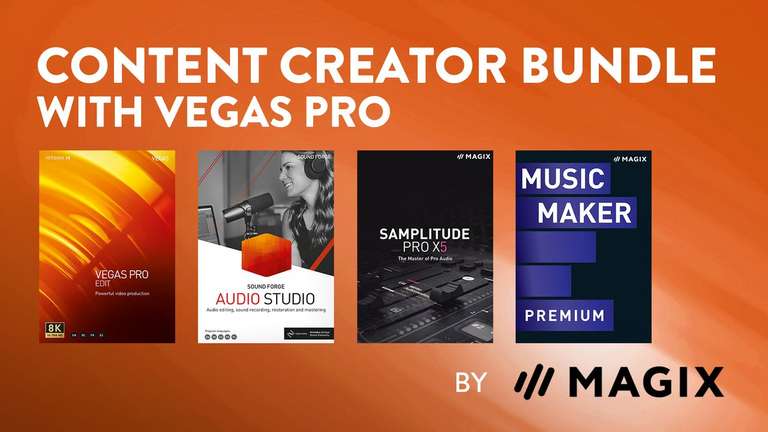 Content Creator Bundle with Vegas Pro - Vegas Pro 18 Edit + Music Maker P. 2023 + Samplitude Pro X5 + Sound F. AS15 sur PC (Dématérialisé)