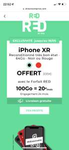 Smartphone 6.1" iPhone XR (Occasion Très Bon Etat - 64 Go) + Forfait Mobile SFR de 24 Mois (Appels/SMS/MMS Illimités + 100 Go DATA)