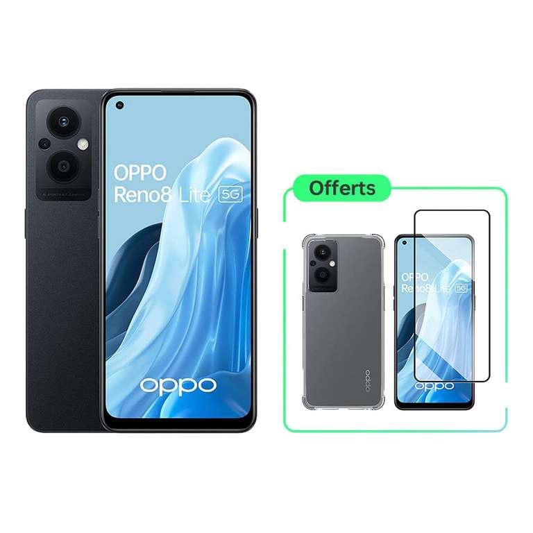 Smartphone 6.43" Oppo Reno8 Lite 5G (128 Go) + Coque semi-transparente + Verre trempé + Bracelet connecté Oppo Band + Ecouteurs Enco Buds2