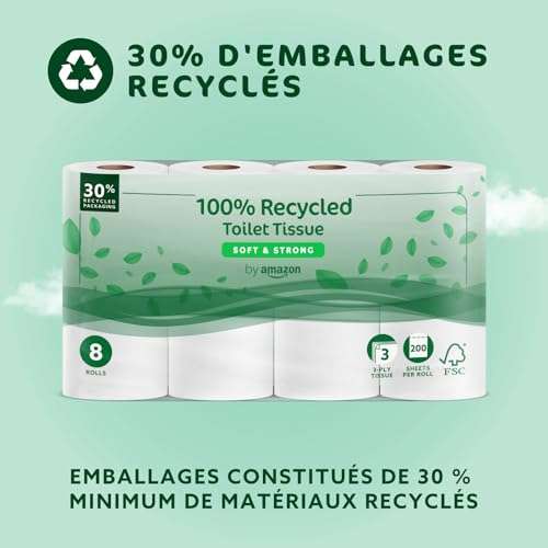 Pack 48 rouleaux Papier Toilette 3 épaisseur by Amazon - 100% Recyclé, Sans parfum, 200 Feuilles/Rouleau (via coupon & Prévoyez économisez)