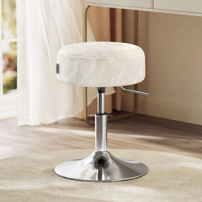SONGMICS HOME BOHOVEN Tabouret Coiffeuse Ronde Bohème - Pieds Bois Massif Antidérapants, Blanc Crème Et Beige Chêne