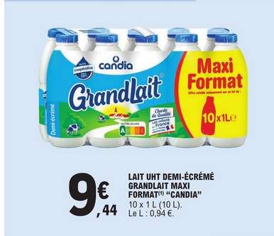 Pack de Lait Demi écrémé GrandLait format "Candia" - 10x1L