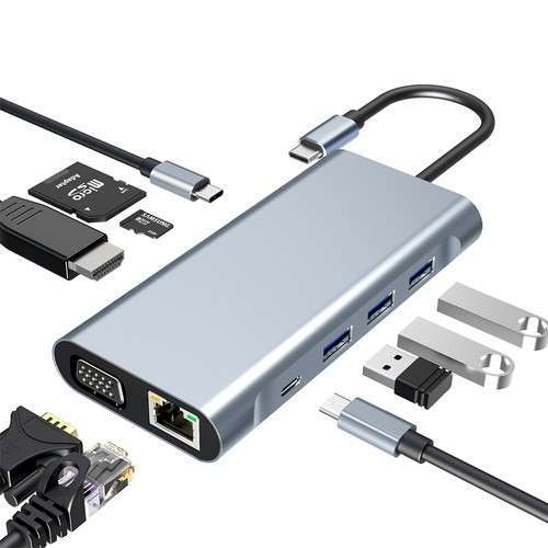 Hub USB Type-C 10-en-1 - 2x USB-C (1x PD 100W) + 1x HDMI 4K + 1x RJ45 + 3x USB 3.0 + 1x VGA + Lecteur SD & microSD