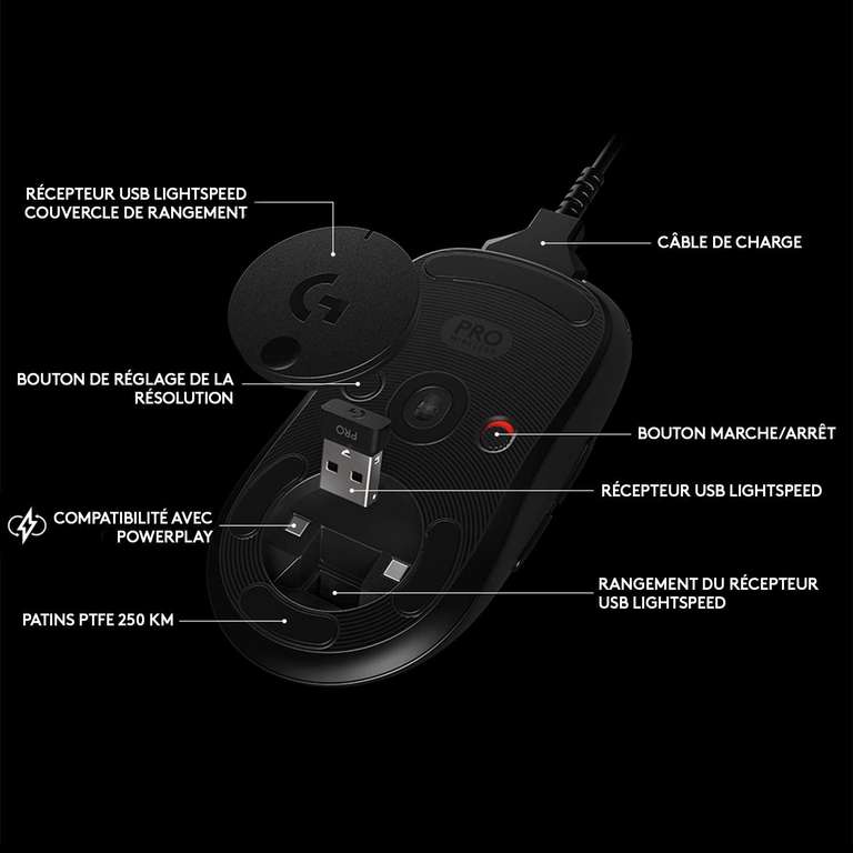 Souris Gamer Logitech G Pro Wireless - Capteur HERO, 25 600 dpi, 8 boutons programmables, RGB, technologie sans fil Lightspeed