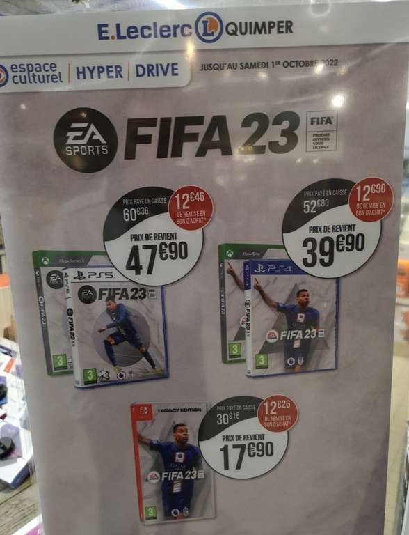 FIFA 23 sur PS5/Xbox Series X à 47.90€ (Via 12.46€ en BA), PS4/Xbox One à 39.90€ (Via 12.90€) et Switch à 17.90€ (Via 12.26€) - Quimper (29)