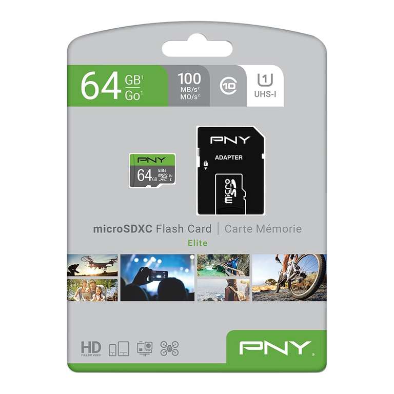 Carte Mémoire microSDXC PNY Elite 64 Go + Adaptateur SD, Vitesse de lecture 100 Mo/s, Classe 10 UHS-I, U1 pour vidéo Full HD