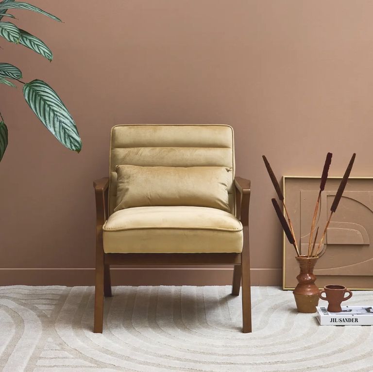 Fauteuil Scandinave Bois d'Hévéa et Velours Antoine - Camel