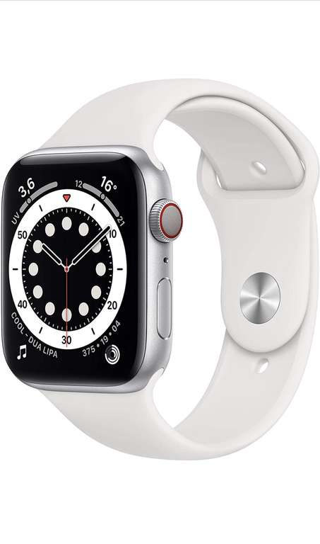 Montre Apple Watch Series 6 (GPS + Cellular) - Boîtier 44 mm en Aluminium Argent, Bracelet Sport Blanc