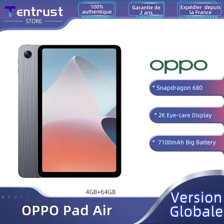 Tablette Tactile 10,4" Oppo Pad Air - Écran 2K, Snapdragon 680, RAM 4 Go, 64 Go, 7100 mAh, Dolby Atmos, MicroSD