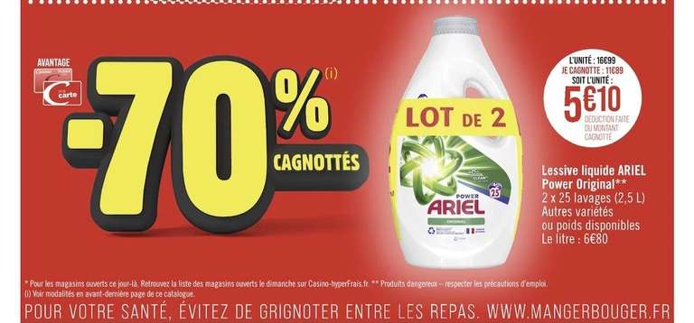 Lot de 2 bidons de lessive Ariel - Différents parfums, 2x25 lavages (Via 11.89€ sur la carte de fidélité)