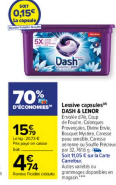 Lessive en capsules Dash x32 - Différentes variétés (via 11,05€ sur carte de fidélité et ODR 6,32€)