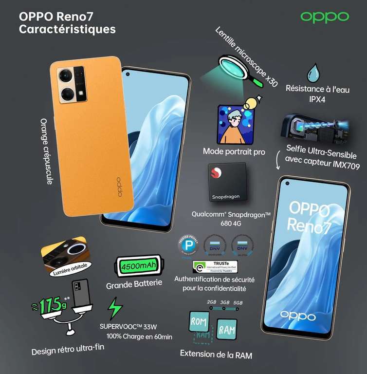 Smartphone 6.43" Oppo Reno 7 - Full HD, 8 Go RAM, 128 Go