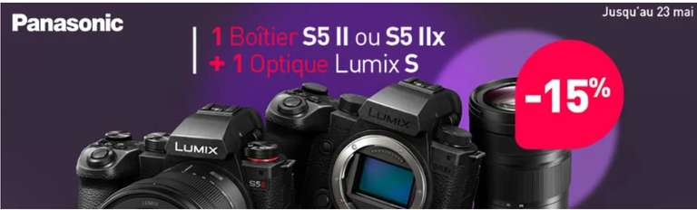 15% de réduction pour l'achat simultané d’1 Lumix S5 ou S5 IIx + 1 optique Lumix S* Panasonic (Sélection de marchands)