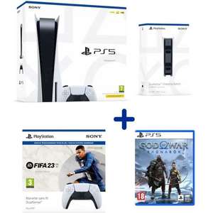 Sélection de Pack PS5 - Ex: Console PS5 + God of War : Ragnarök + FIFA23 (Code) + DualSense Blanche + Station de recharge pour Manettes PS5