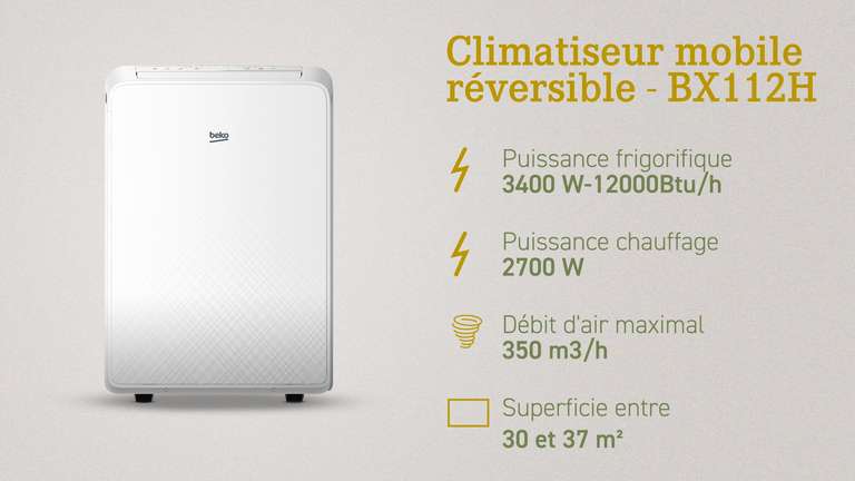 Climatiseur mobile réversible BX112H - 3400W, 12000 BTU/h, blanc