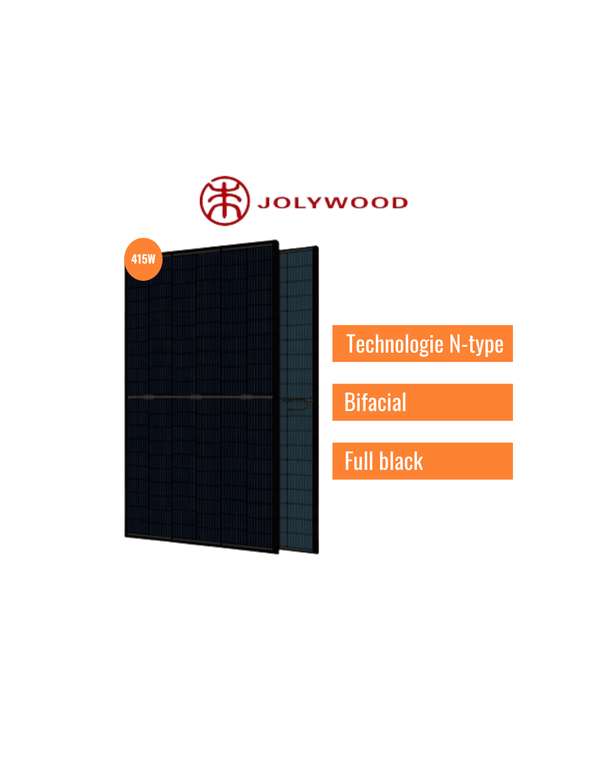 Panneau solaire Jolywood JW-HD108N - 415W Full Black Ntype Bifacial (chocdiscount.com)