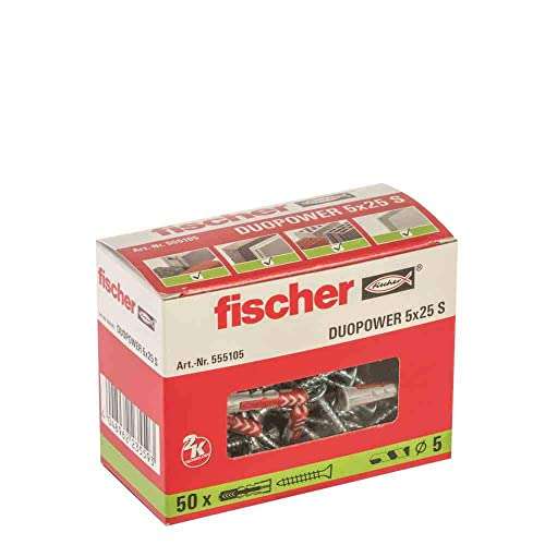 Boîte de 50 chevilles bi-matière et multi-matériaux avec vis Fischer Duopower - 5x25 mm