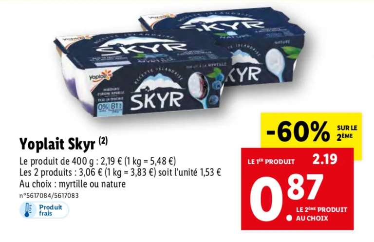 Lot de 2 paquets Yoplait Skyr - 800g (2x400g), Nature ou myrtille