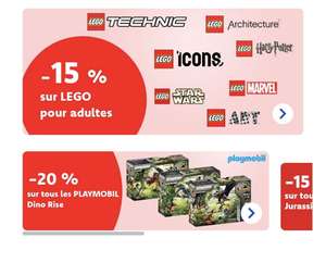 15% de réduction sur les Lego et 20% de réduction pour les Playmobil Dino Rise (Frontaliers Belgique)