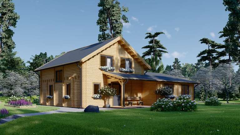 Chalet en bois avec étage & terrasse Darla - 147.25 m² (133.25+54), pin nordique, 88 mm (44+44), garanti 10 ans (ChaletDeJardin.fr)