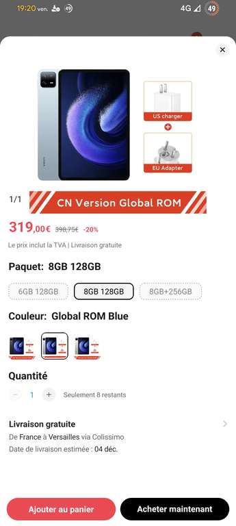 Tablette 11" Xiaomi Pad 6 - WQHD+ 144 Hz, Snapdragon 870, RAM 8Go, 128Go, Plusieurs coloris (Entrepôt France) version CN