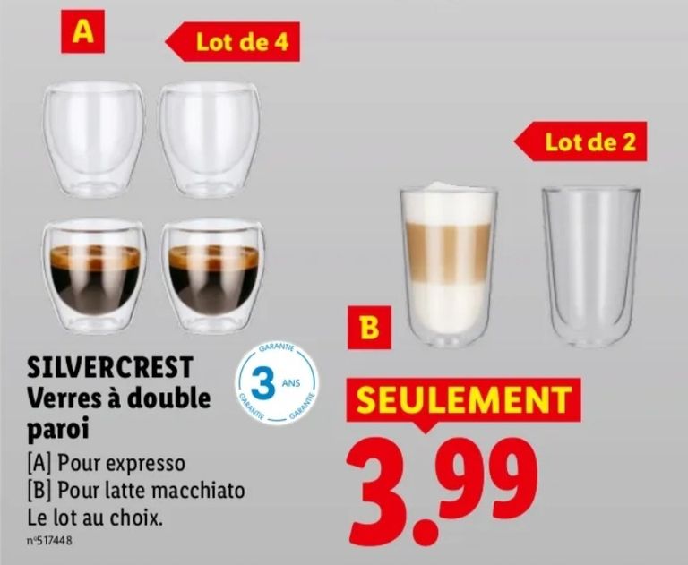 Lot de 4 verres à double paroi pour expresso (ou lot de 2 en grande taille) — promo Maison