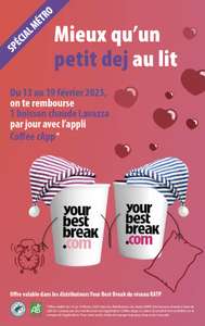 1 Boisson chaude à base de Café bio Lavazza remboursée via crédit sur l'application - Distributeurs Your Best Break (RATP)