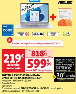PC Portable 16" Asus S1605PA-MB149W - i7-11370H, 12 Go RAM, 512 Go SSD + pack Office 365 personnel 1 an