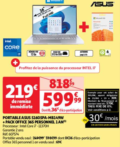 PC Portable 16 Asus S1605PA-MB149W - i7-11370H, 12 Go RAM, 512 Go