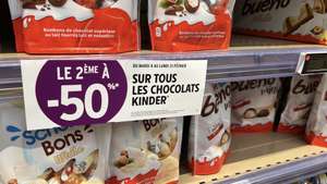 1 chocolat Kinder acheté = 50% de réduction sur le 2ème (le moins cher)
