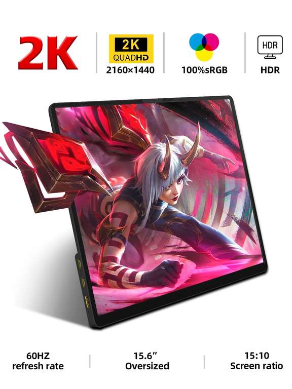 Écran portable ZSUS 14" - 2K, 2160x1440, 60Hz, 100% sRGB, HDR, 2x USB-C, Mini-HDMI, Haut-parleurs, Version non tactile Switch,PS5, Xbox