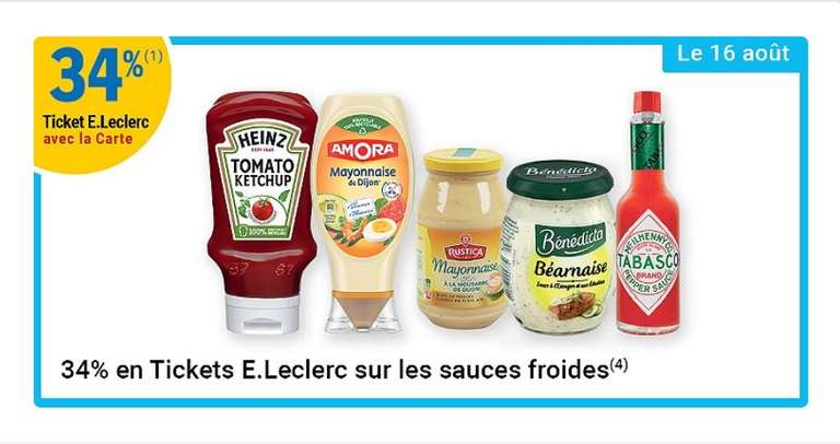 34% offerts en ticket Leclerc sur les sauces froides (Heinz, Amora, Bénédicta,...)