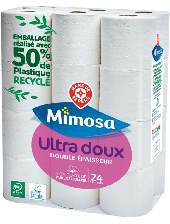 Lot de 2 paquets de 24 rouleaux de papier hygiénique double épaisseur Mimosa - 48 rouleaux