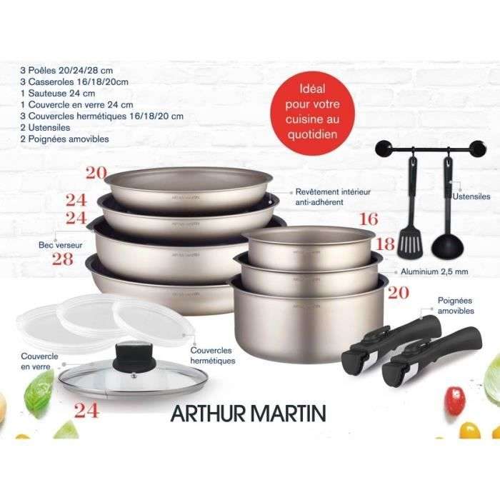 Batterie de cuisine Arthur Martin AM133CH - 15 pièces, Aluminium, Poignée amovible, Tous feux dont induction