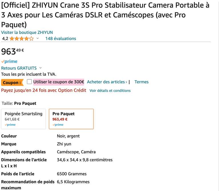Stabilisateur Camera Zhiyun Crane 3S Pro (vendeur tiers)