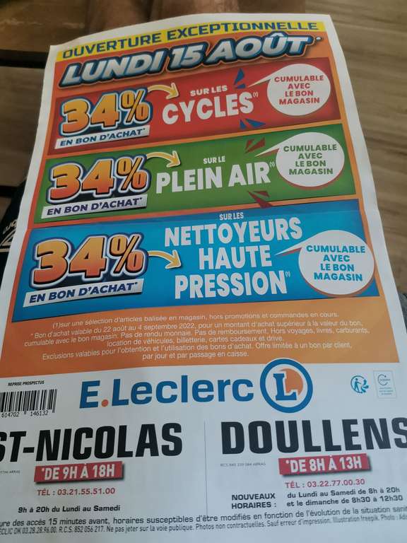 34% de Réduction en Bons d'Achats sur une sélection d'articles des Rayons Cycles, Plein Air & Nettoyeurs Haute Pression - Saint-Nicolas (62)