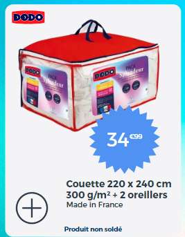 Pack couette Dodo 220 x 240 cm + 2 oreillers 60x60 cm + polyester FCS 300 g/m², blanc