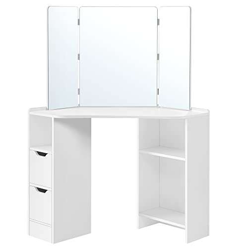 Coiffeuse d'angle avec triple miroir Vasagle RDT121T10 - 110 x 54 x 140 cm, 2 tiroirs, 3 compartiments, Coloris : Blanc