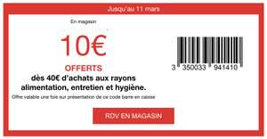 10€ de remise dès 40€ d'achat en magasin sur l'Alimentaire, Entretien et Hygiène