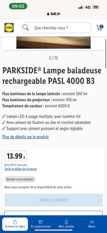 Lampe baladeuse rechargeable Parkside PASL 4000 B3