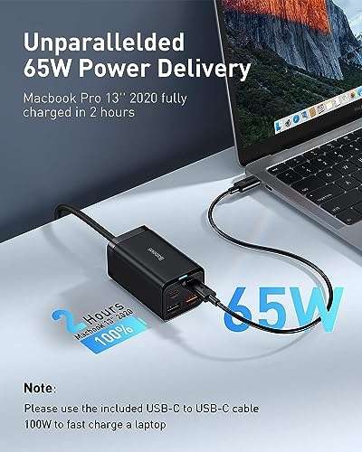 Chargeur Baseus GaN 3 (65W) - 4 ports (2x USB-C PD + 2x USB-A) & Câble Type-C 100W PD