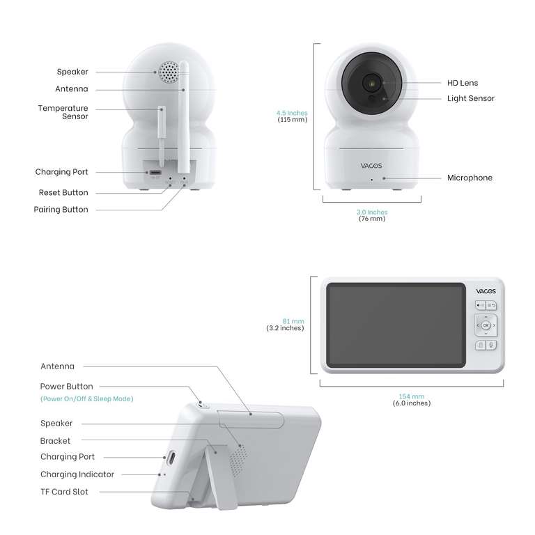 Babyphone avec Caméra SANNCE Vacos - 720p, PTZ 355°, Ecran LCD 5", Vision nocturne, Détection température/mouvement/son, Berceuses, 4000mAh