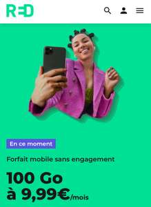 Forfait mobile Red by SFR : Appels, SMS/MMS illimités + DATA 100 Go 4G + 22 Go UE/DOM (sans engagement)