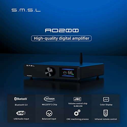 Amplificateur audio SMSL AO200 - Bluetooth 5.0, 2x50W (sous 8Ω), 2 x MA12070 (vendeur tiers)