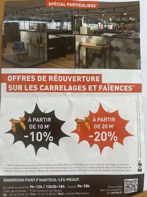 10% de réduction à partir de 10 m² de carrelages ou faïences achetés 20% de réduction dès 20m2 - Nanteuil-Les-Meaux