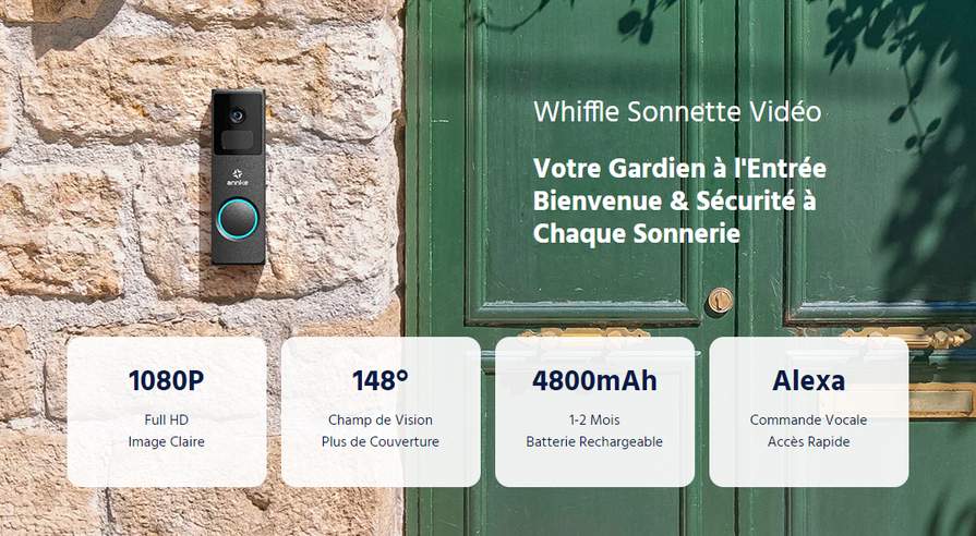 Sonnette Vidéo sans fil ANNKE Whiffle - 1080p, Champ de vision de 148°,  Détection de mouvement, Audio bidirectionnel, Cloud & Alexa –