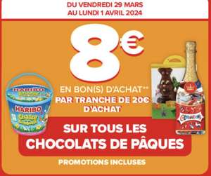 8€ en bon d'achat par tranche de 20€ d'achat sur tous les chocolats de Pâques