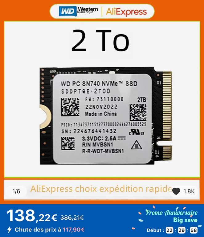 SSD interne M.2 2230 Western Digital-WD SN740 - 2 To